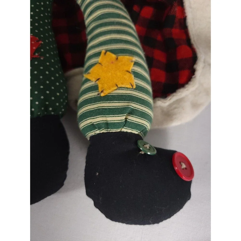 Vintage weighted Santa Doll wearing patched Robe‎ and Hat Patchwork buttons
